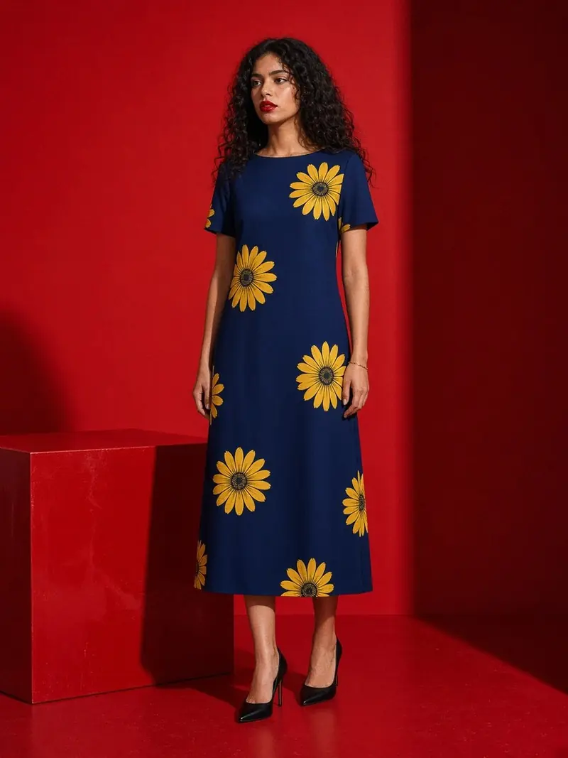 Illustration, mannequin fictif : Mannequin en robe droite midi bleu marine à grandes fleurs moutarde, debout de face en pied