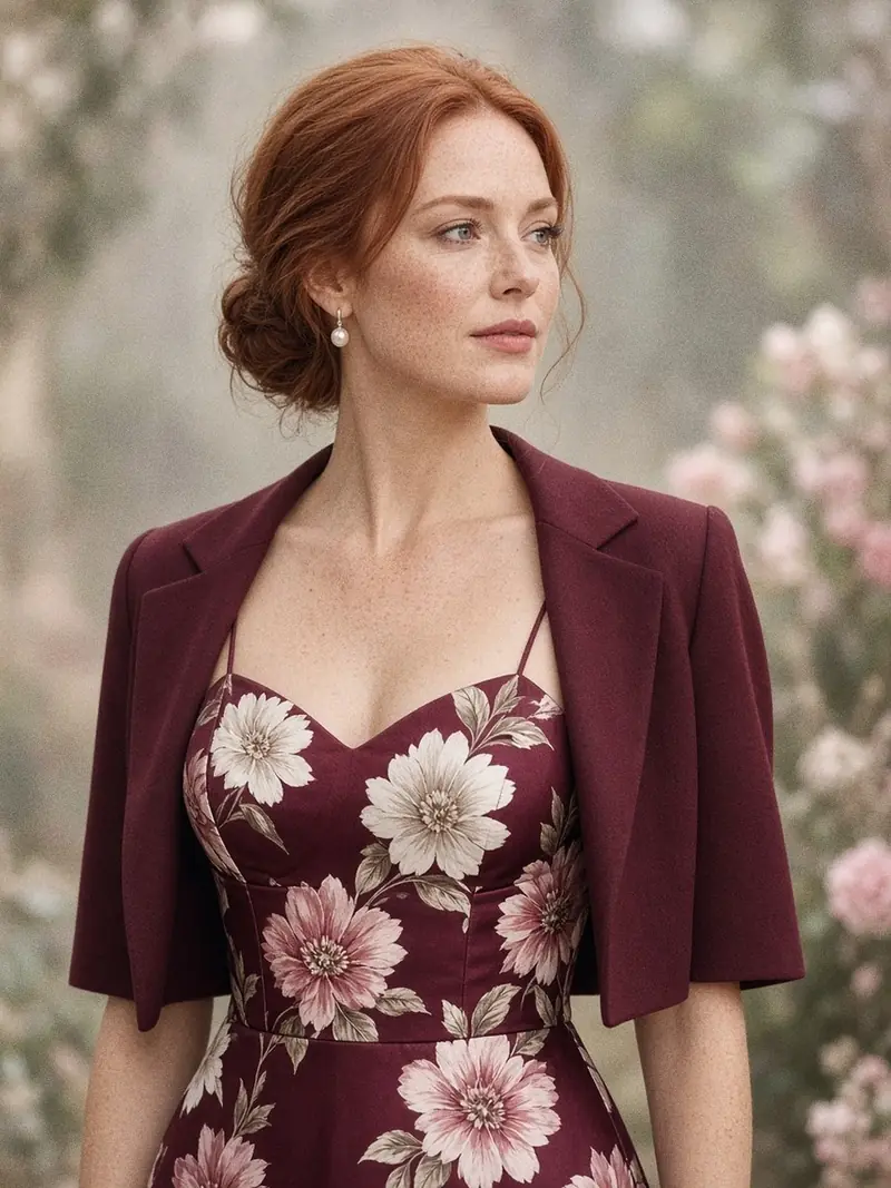Illustration, mannequin fictif : Mannequin en robe bordeaux à grandes fleurs ivoire avec bretelles fines et veste courte structurée, vue de trois quarts haut du corps