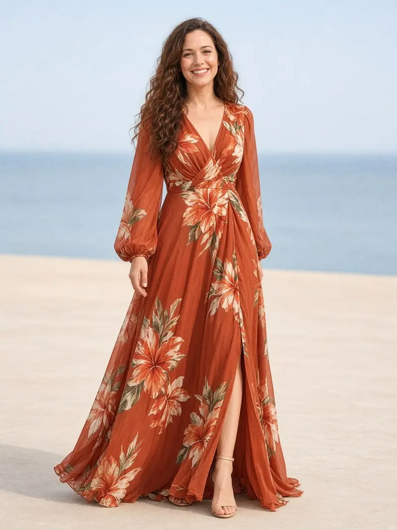 Illustration, mannequin fictif : Mannequin en robe longue en mousseline terracotta à grandes fleurs, manches longues, photographiée en pied en mouvement