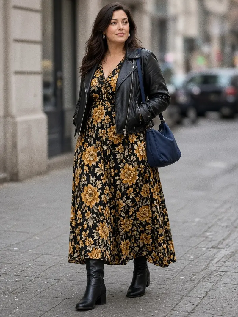 Illustration, mannequin fictif : Mannequin en robe longue à fleurs ocre sur fond noir, blouson de cuir noir et bottes hautes à talon bas, vue en pied dans la rue