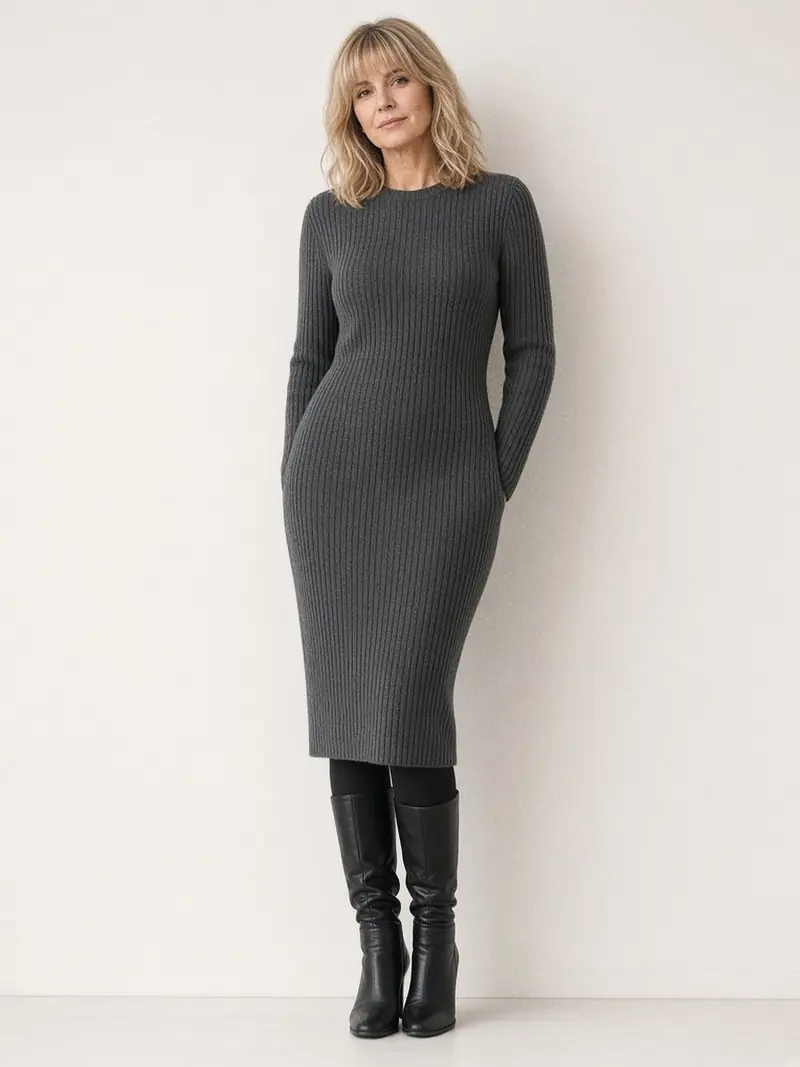 Illustration, mannequin fictif : Femme debout de trois quarts en robe moulante midi en maille côtelée épaisse gris anthracite à manches longues, coutures verticales sur le devant, collants noirs opaques et bottes plates noires.