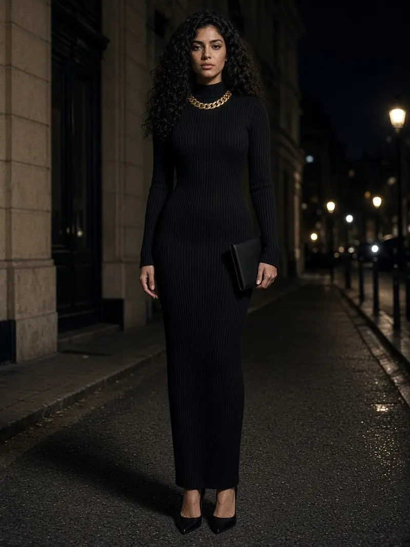 Illustration, mannequin fictif : Femme debout en robe longue moulante noire en maille dense à manches longues et col haut, collier chaîne doré large, escarpins noirs à talons fins et pochette plate sous le bras, ambiance nocturne.