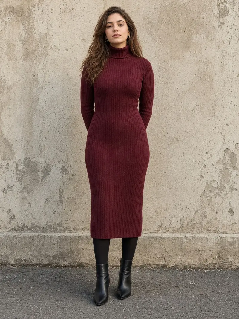 Illustration, mannequin fictif : Femme debout de face en robe moulante bordeaux en maille côtelée épaisse à manches longues et col montant, ourlet sous le mollet, collants noirs opaques, bottines noires pointues et petites créoles dorées.
