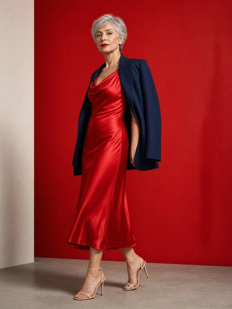 Illustration, mannequin fictif : Femme en robe midi en satin rouge coupée en biais, col bénitier, avec un blazer bleu marine posé sur les épaules.
