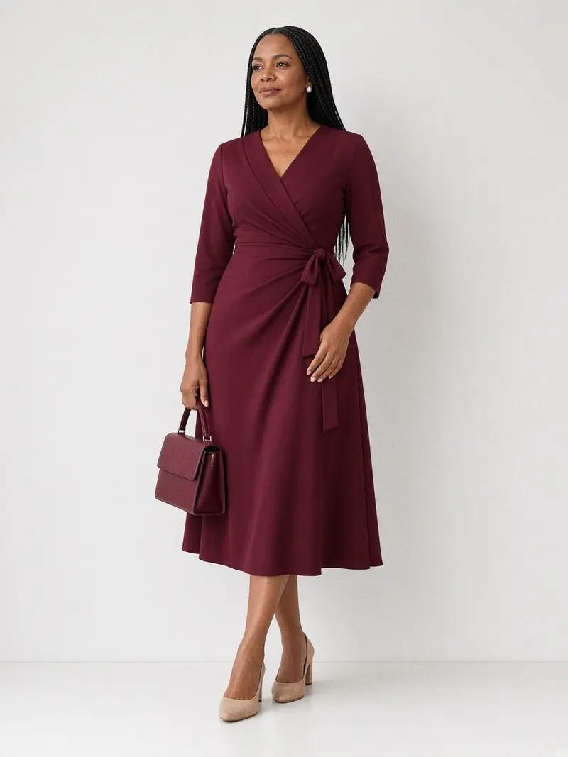 Illustration, mannequin fictif : Femme en robe portefeuille midi bordeaux en crêpe mat, à manches trois-quarts, avec des escarpins nude et un petit sac bordeaux.