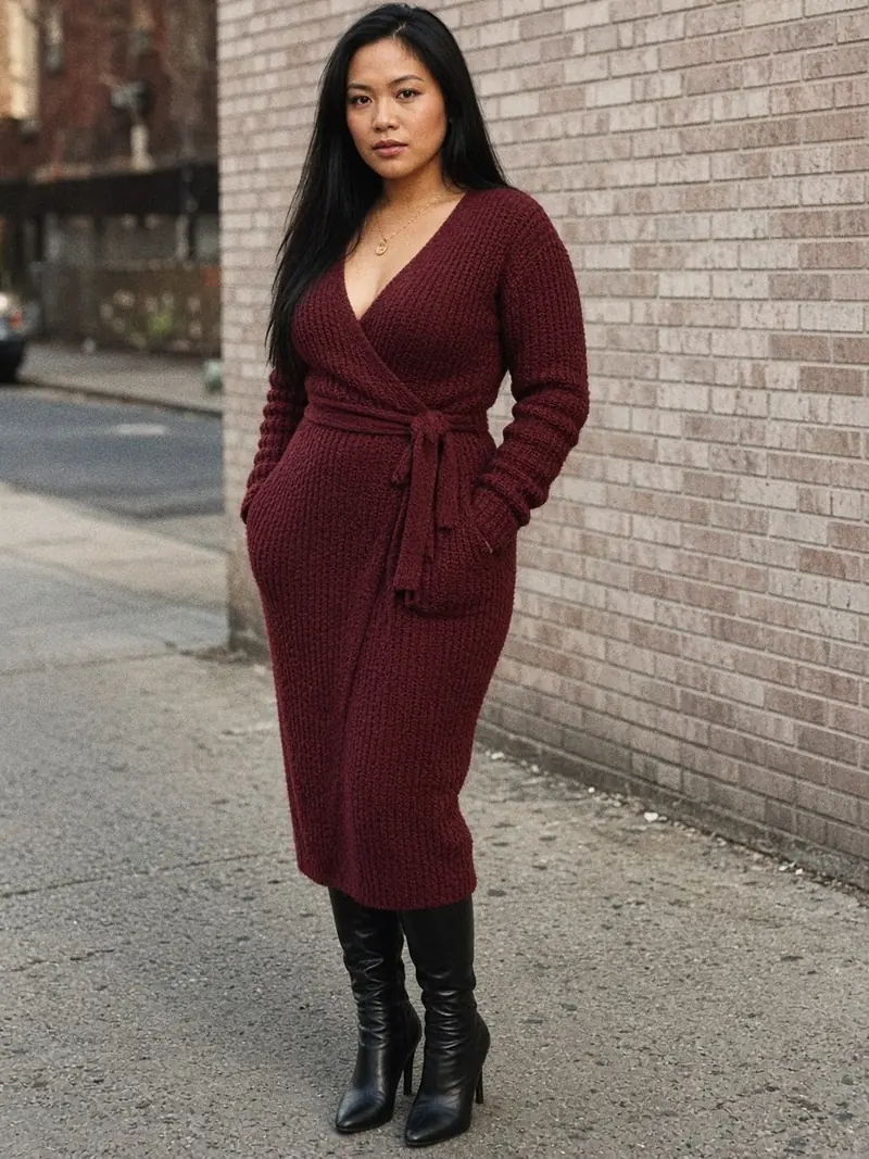 Illustration, mannequin fictif : Femme ronde en robe portefeuille bordeaux en maille épaisse à manches longues nouée à la taille, bottes noires fines à talon et pendentif doré.