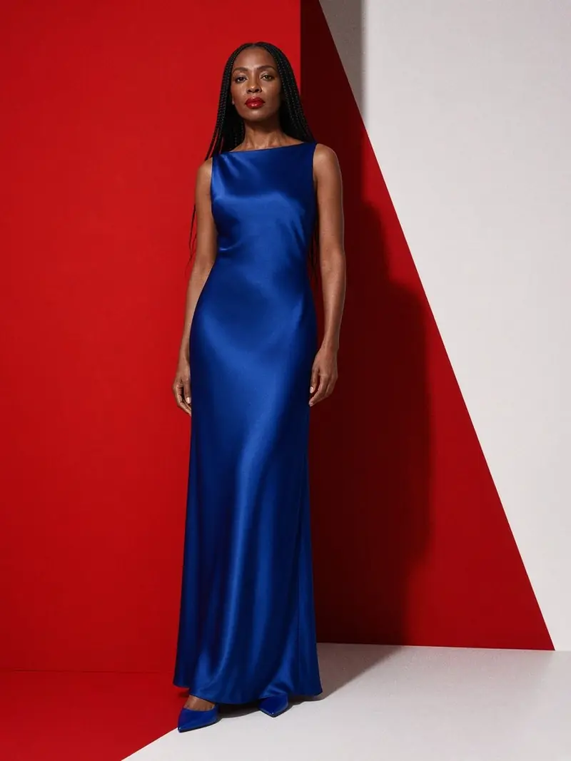 Illustration, mannequin fictif : Femme debout en robe longue bleu cobalt uni, col bateau, jupe droite, escarpins bleus assortis.