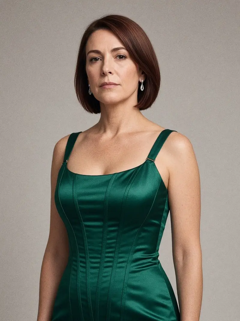 Illustration, mannequin fictif : Détail d'un corsage de robe de soirée en satin vert émeraude, bretelles larges, coutures verticales et décolleté carré doublé.