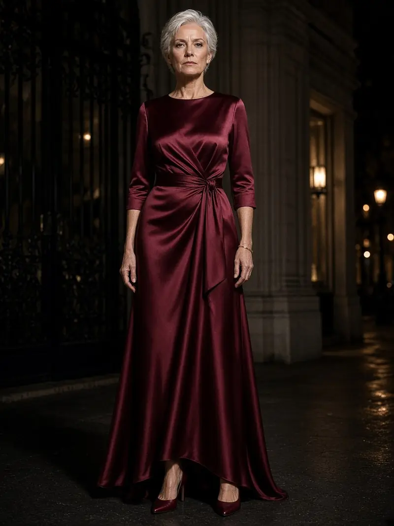 Illustration, mannequin fictif : Femme debout en longue robe portefeuille en satin bordeaux drapé, manches trois quarts et large ceinture nouée à la taille.