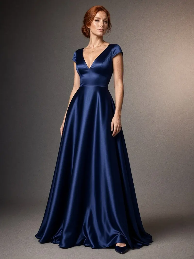 Illustration, mannequin fictif : Femme en longue robe de soirée bleu marine en satin fluide, décolleté en V, manches courtes, taille marquée et jupe évasée.