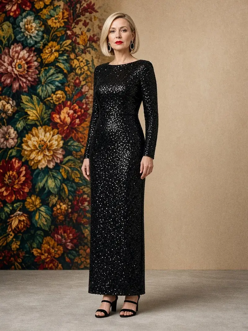 Illustration, mannequin fictif : Femme debout en longue robe de soirée noire à paillettes, manches longues et encolure bateau, sandales à talons noires.