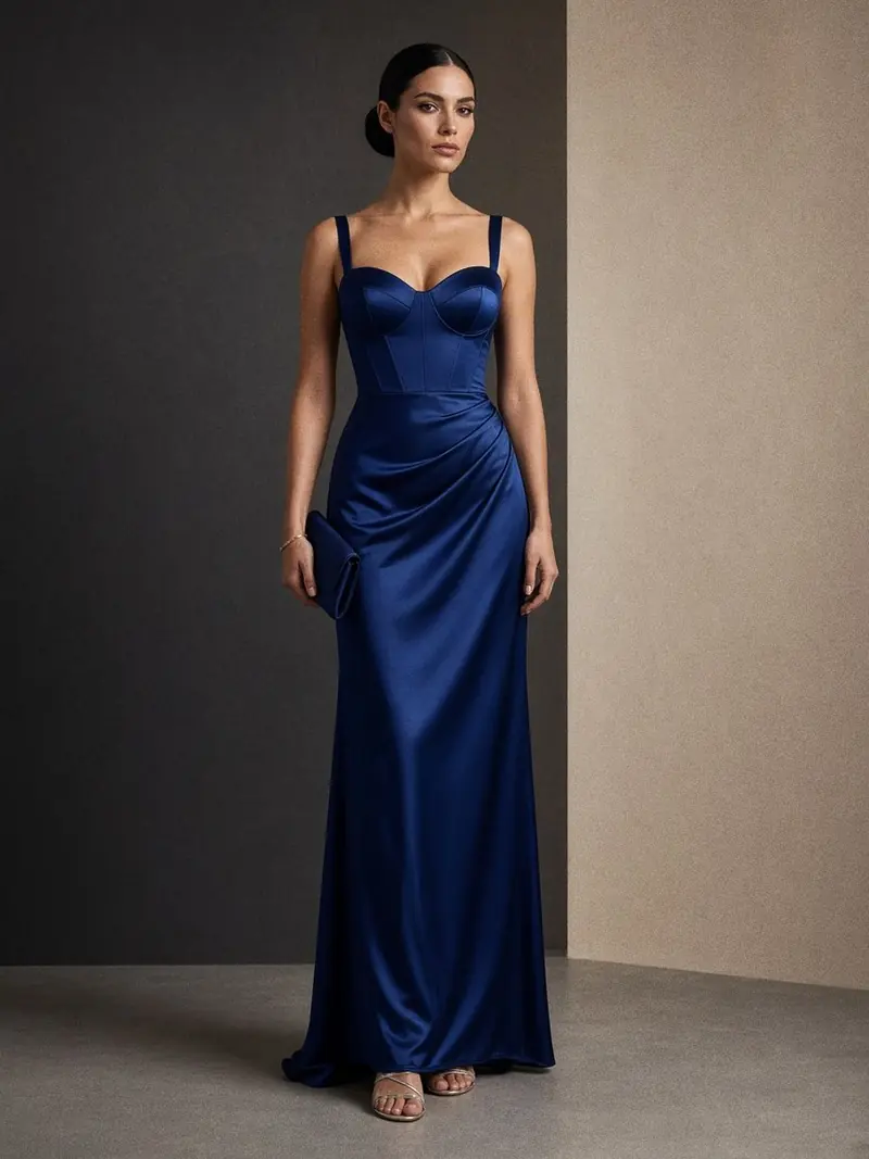 Illustration, mannequin fictif : Femme en robe longue de satin bleu saphir à bustier cœur, sandales argentées et chignon bas.