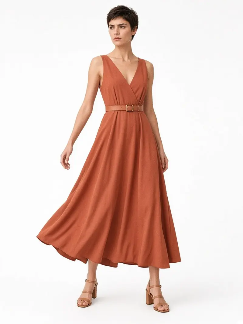 Illustration, mannequin fictif : Femme en robe longue de crêpe terracotta à larges bretelles, jupe évasée en mouvement, sandales à talon bloc.