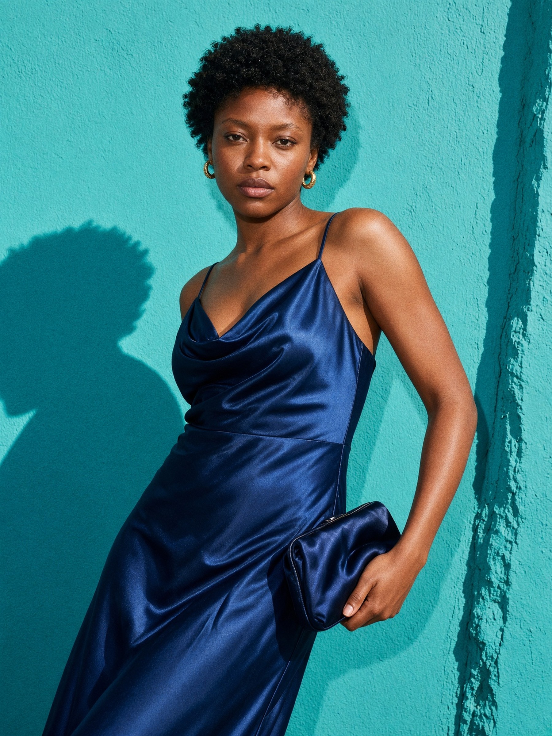 Mannequin en robe longue bleu marine en satin, debout dans un couloir d'hôtel, visage de face