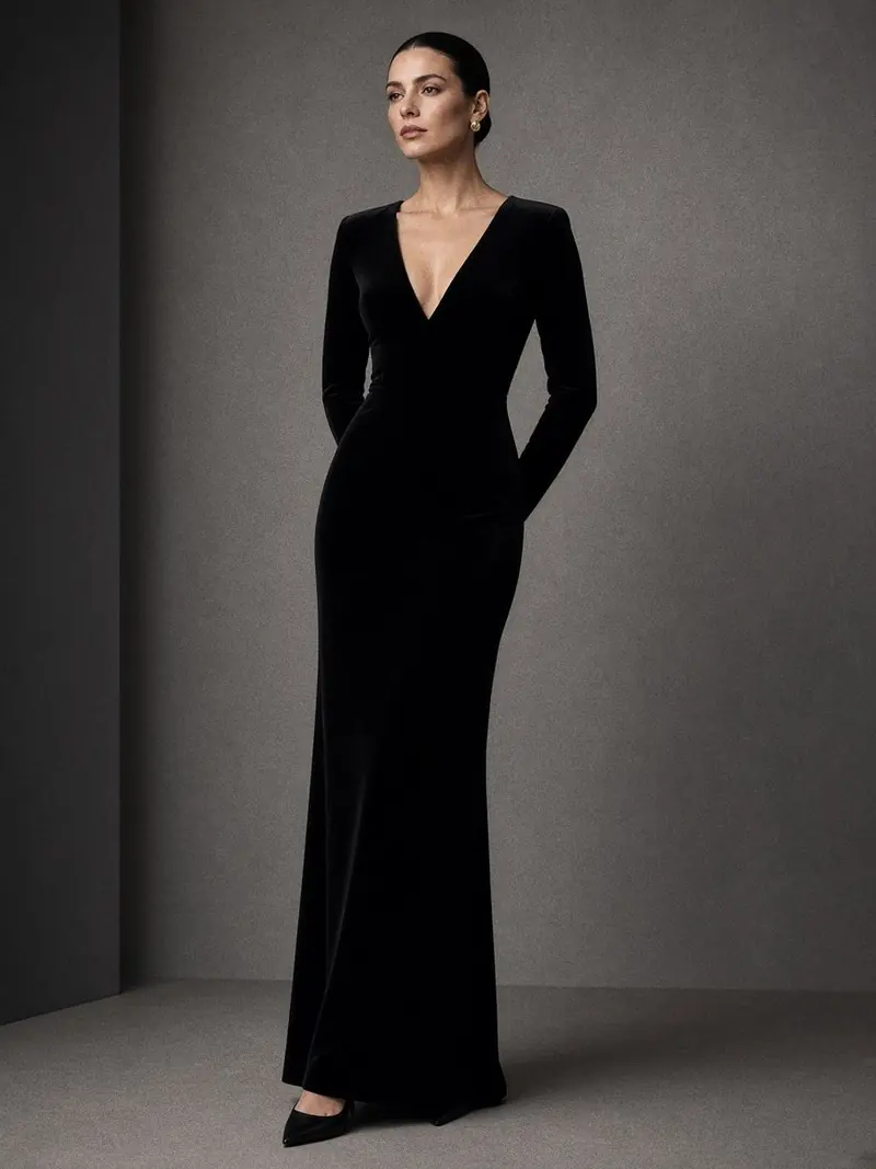 Illustration, mannequin fictif : Femme en robe longue de soirée en velours noir à manches longues ajustées, décolleté en V, escarpins noirs, vue de trois quarts