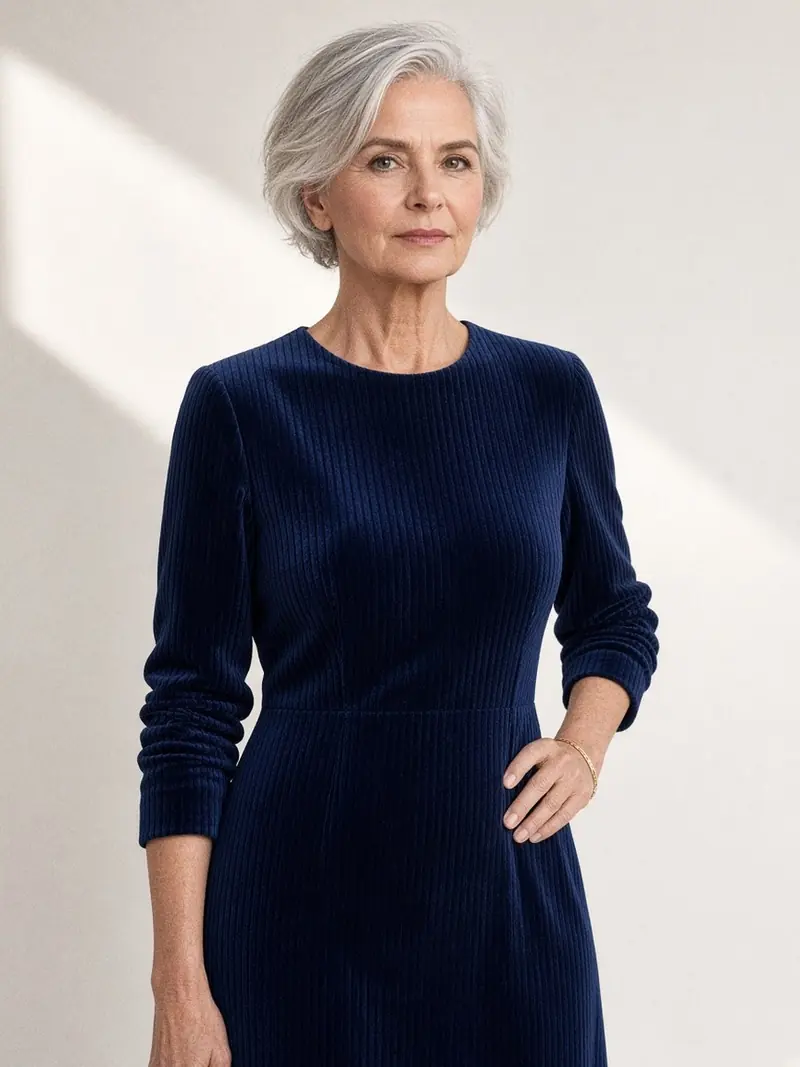 Illustration, mannequin fictif : Détail du haut du corps d'une femme en robe en velours côtelé bleu nuit, manche longue montée nette à l'épaule, bras légèrement plié