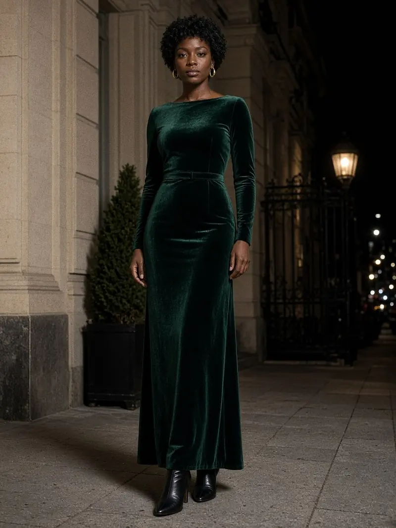 Illustration, mannequin fictif : Femme au physique généreux en robe longue de soirée en velours vert sapin à manches longues, ceinture fine, bottines noires, debout de face