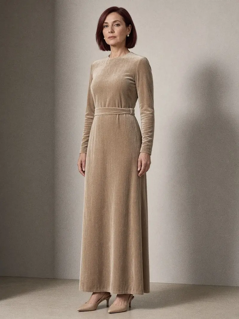 Illustration, mannequin fictif : Femme en robe longue de soirée en velours beige à manches longues et col ras du cou, escarpins nude, vue de trois quarts en lumière du jour