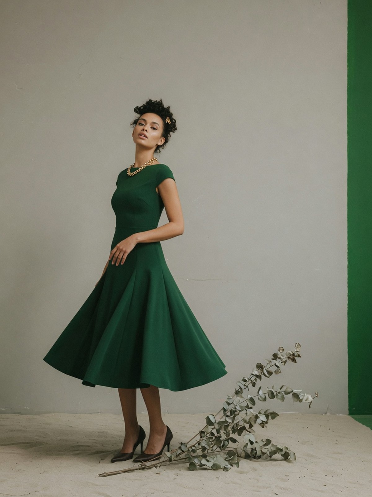 Mannequin en studio portant une robe vert forêt à la coupe trapèze, accessoirisée d'un collier chaîne dorée.
