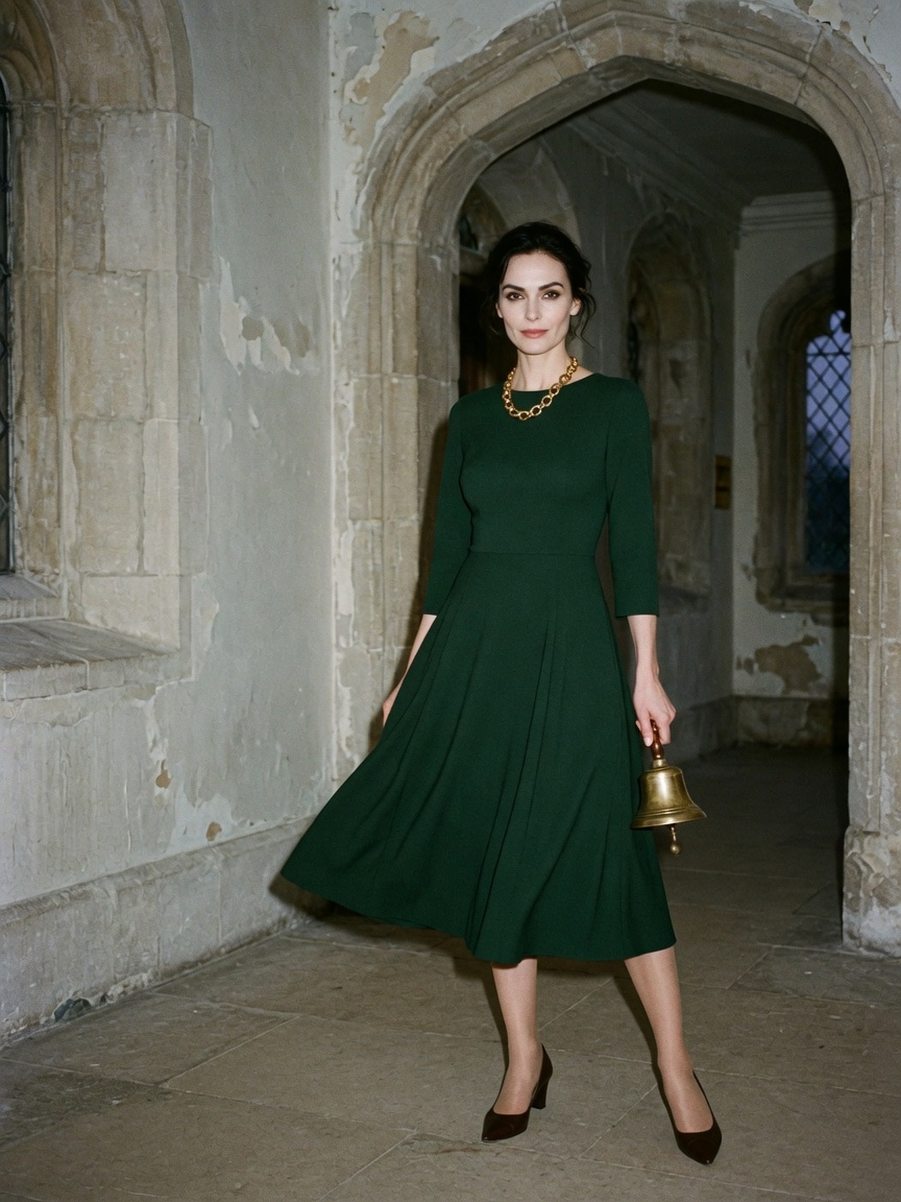 Mannequin portant une robe midi vert forêt cintrée à la taille avec escarpins marron foncé et collier chaîne dorée, dans un couloir en pierre.