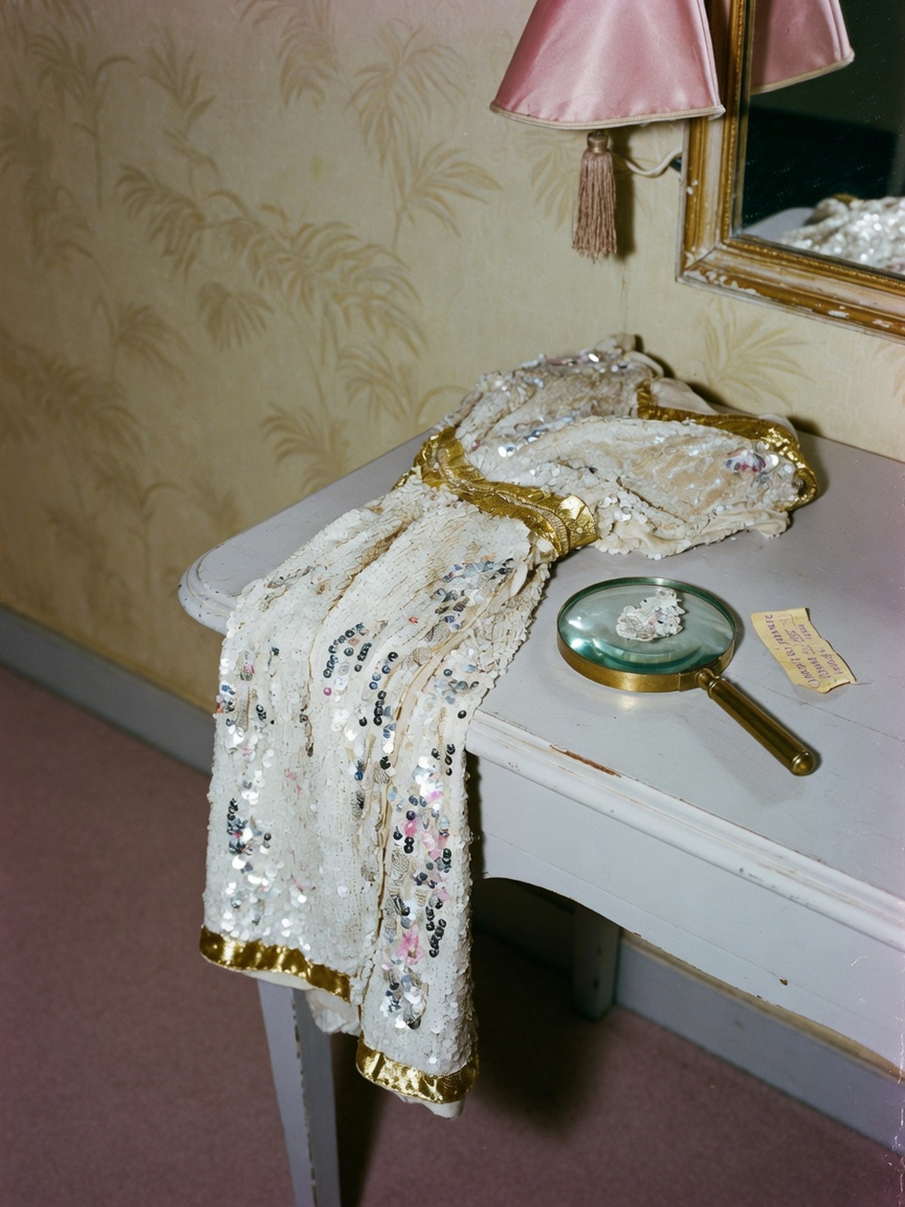 Nature morte éditoriale : étiquette vintage, fragment de tissu doré à paillettes et loupe posés sur une coiffeuse, lumière de fin de journée.