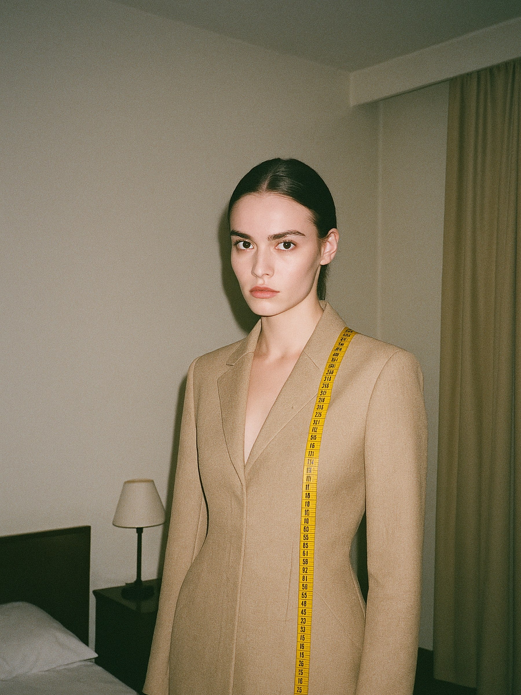 Mannequin de mode portant un blazer ajusté dans un décor sobre, lumière de flash, mise en avant de la ligne de taille du vêtement