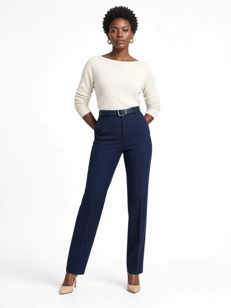Illustration, mannequin fictif : Femme debout de face en haut écru à encolure bateau rentré dans un pantalon marine taille haute à jambe droite, ceinture fine et escarpins beige