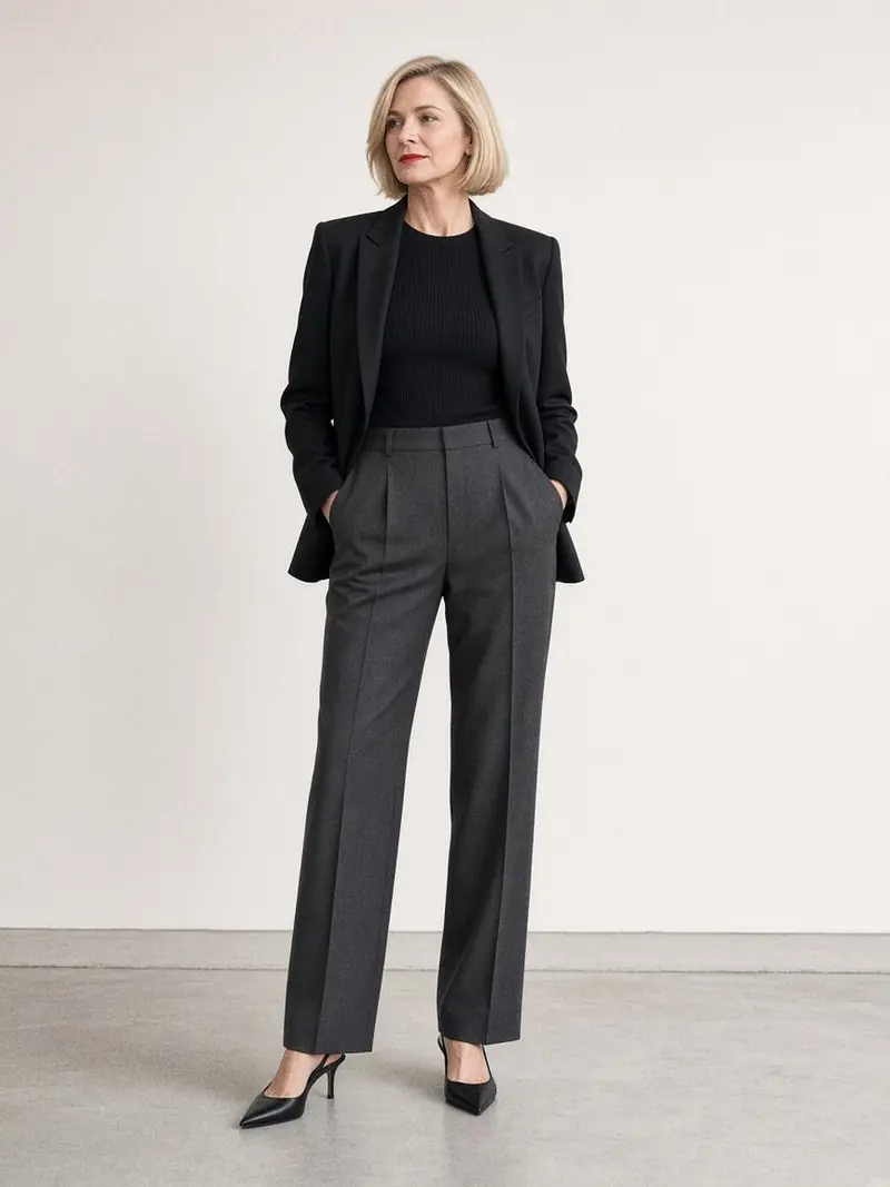 Illustration, mannequin fictif : Femme en pantalon à pinces gris anthracite au pli marqué, top noir côtelé rentré et blazer noir ouvert tombant droit à mi-hanche