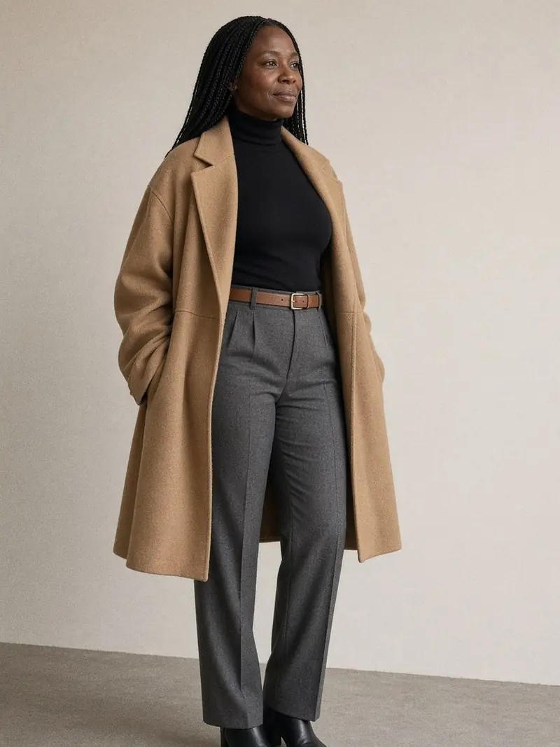 Illustration, mannequin fictif : Vue de trois quarts d'une ceinture fauve de trois centimètres portée au creux de la taille sur un pantalon de flanelle grise, avec veste camel ouverte