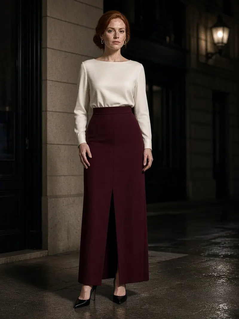 Illustration, mannequin fictif : Femme en jupe longue droite bordeaux doublée avec fente centrale, haut en soie ivoire à encolure bateau rentré et escarpins noirs à talons