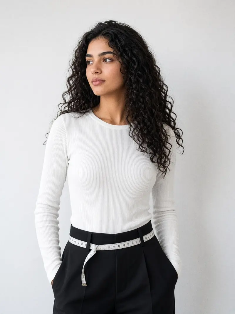 Illustration, mannequin fictif : Détail d'un mètre ruban souple posé à plat autour de la taille, sur un haut blanc côtelé rentré dans un pantalon noir taille haute.