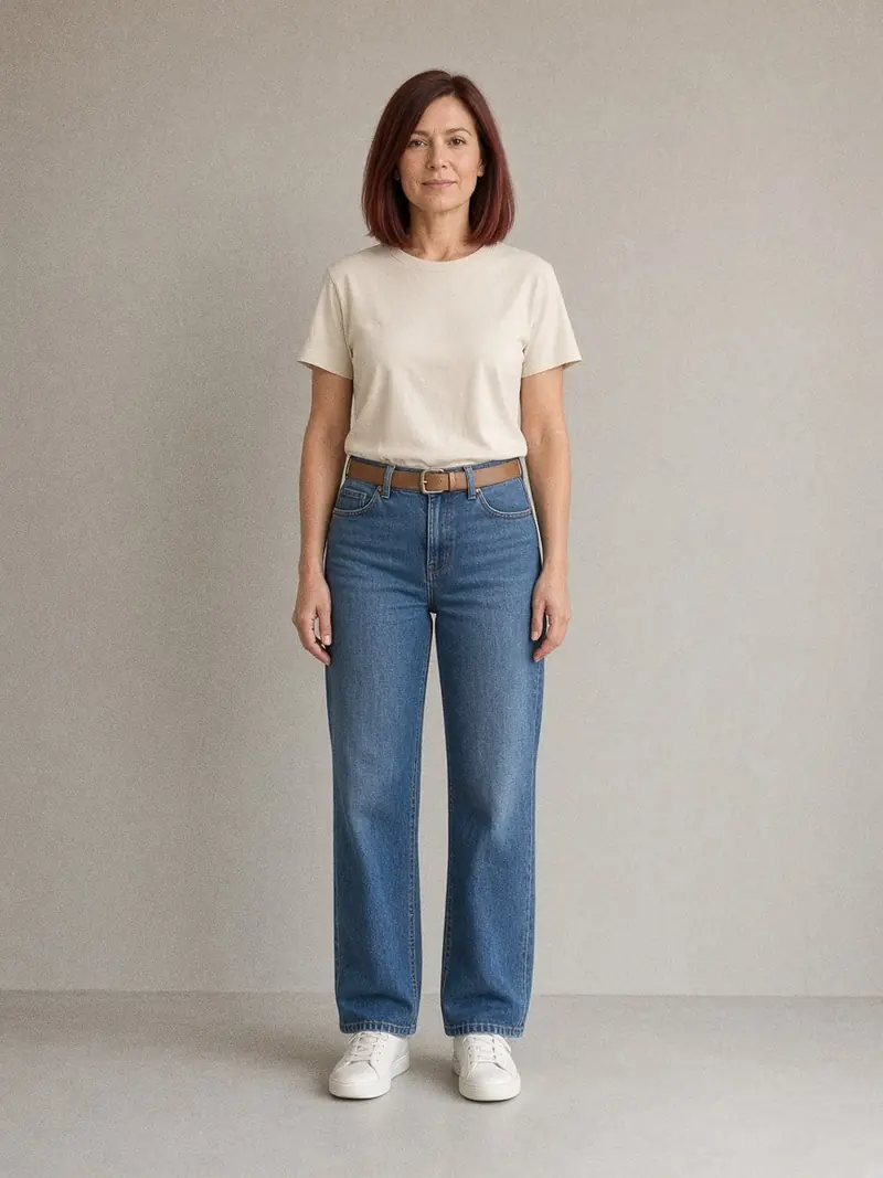 Illustration, mannequin fictif : Femme en jean bleu taille haute coupe droite, tee-shirt écru rentré, ceinture fine camel et baskets blanches, vue en pied.