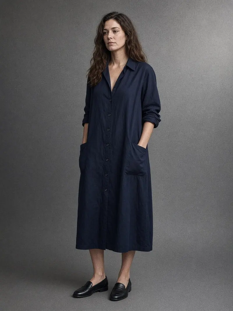 Illustration, mannequin fictif : Femme en robe chemise droite bleu marine mi-mollet sans ceinture et mocassins noirs plats, vue en pied.