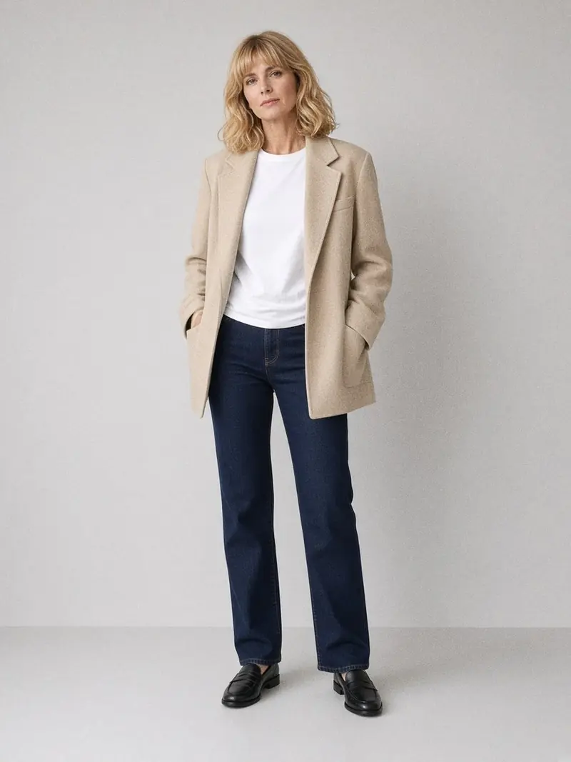 Femme debout en blazer droit beige ouvert, tee-shirt blanc et jean droit indigo, vue de face en pied.