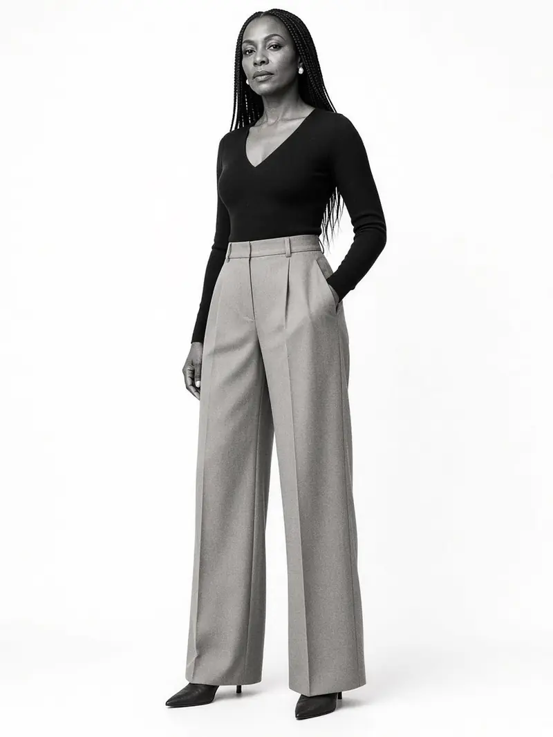 Femme de face en pied, haut noir à encolure en V rentré dans un pantalon large camel à plis et bottines noires à talon.