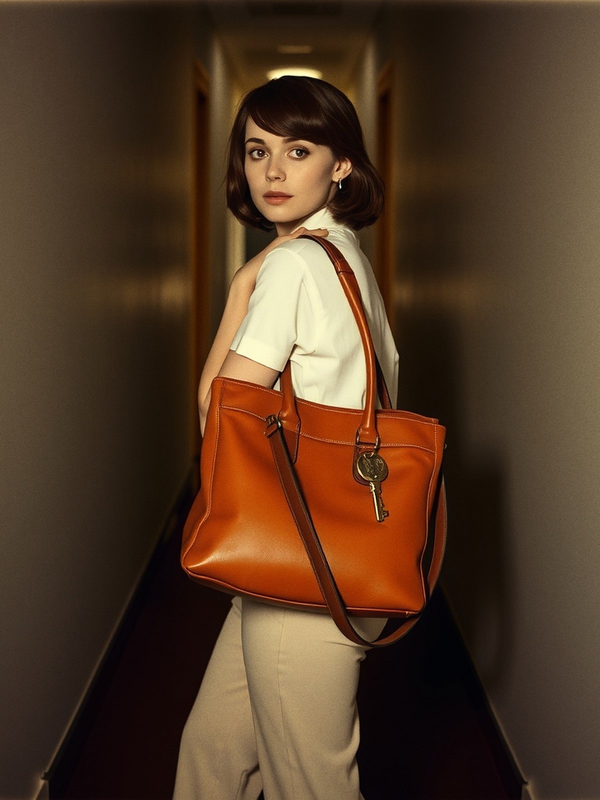 Femme en tenue tailleur contemporaine portant un sac bowling en cuir vintage aux poignées usées