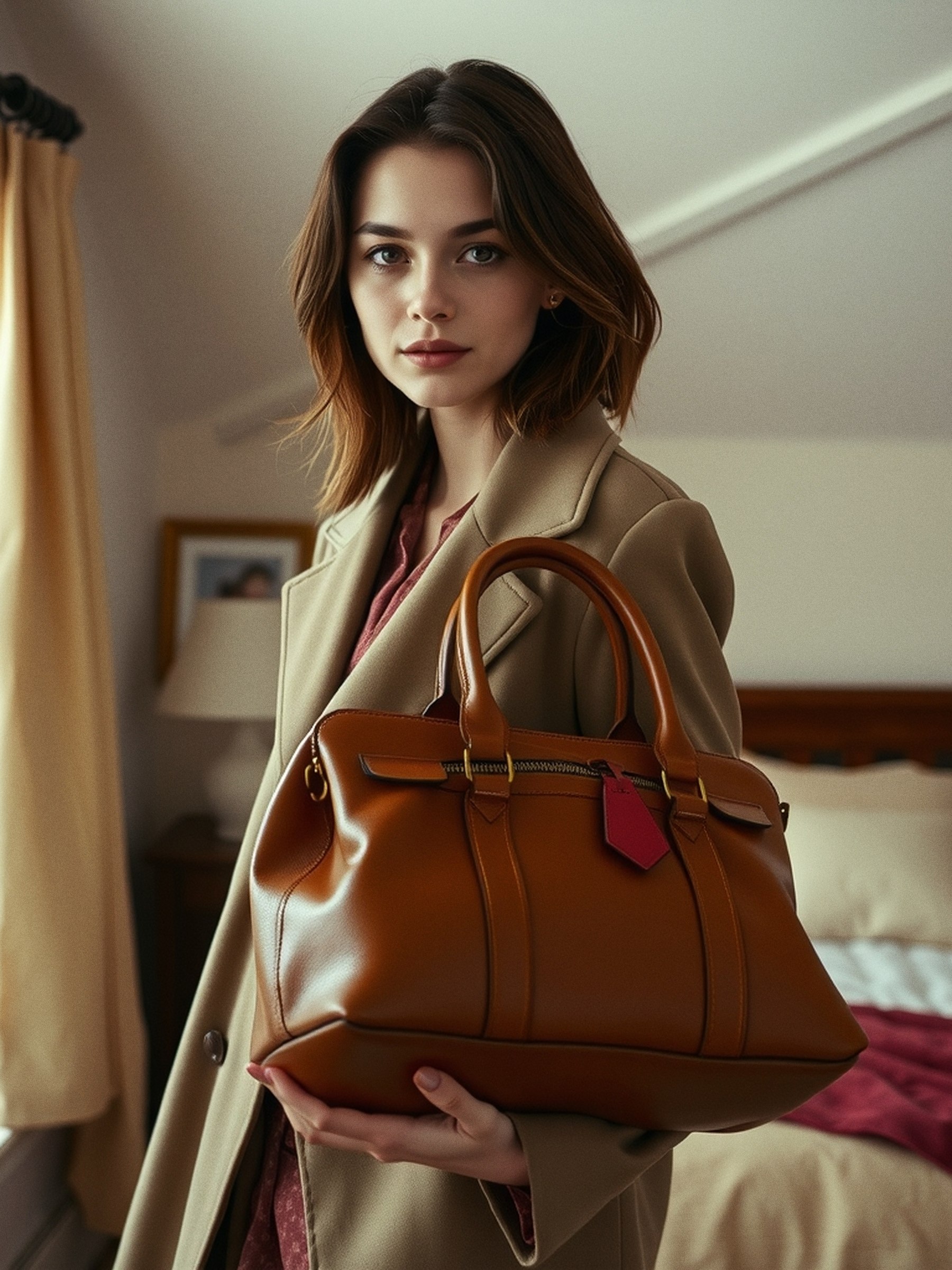 Sac bowling vintage en cuir posé sur une commode ancienne, avec poignées doubles et fermoir métallique visibles