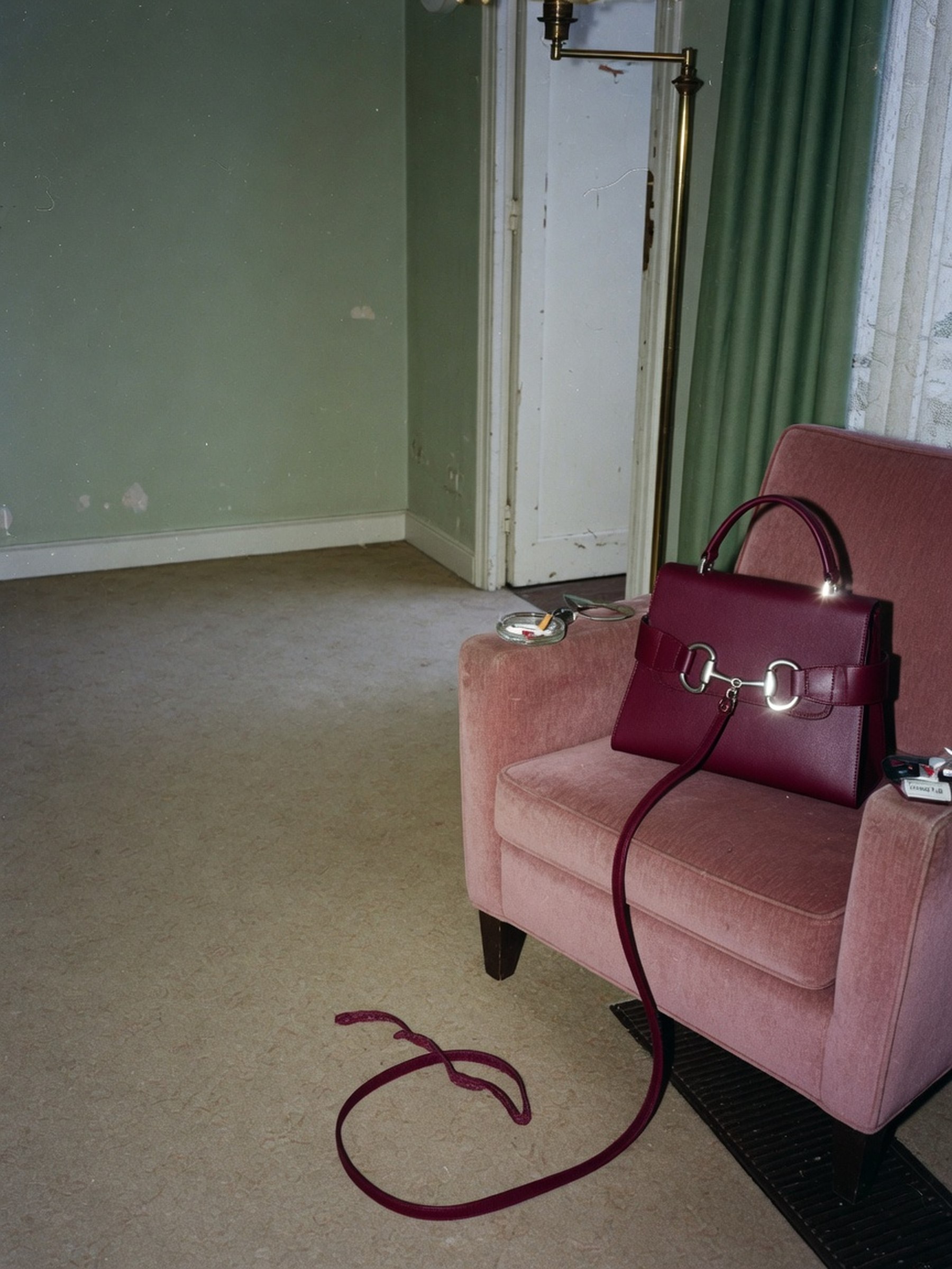 Sac à main cintré par des liens latéraux souples, posé sur un fauteuil, lumière de fin de journée.