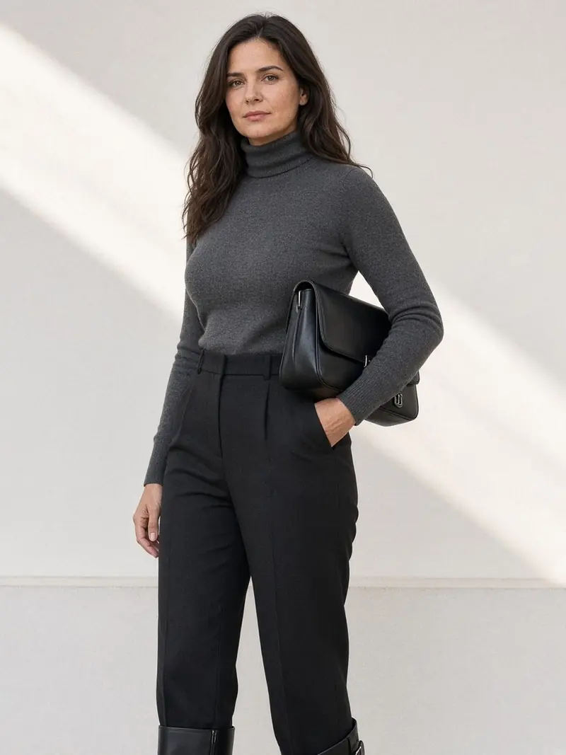Illustration, mannequin fictif : Mannequin en pull col roulé gris et pantalon noir droit, petit sac baguette en cuir noir plat porté sous le bras.