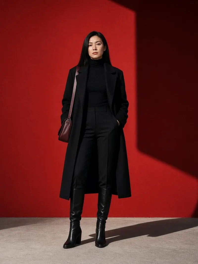Illustration, mannequin fictif : Mannequin en manteau long noir et bottes hautes noires, petit sac bordeaux en cuir lisse porté à l'épaule.