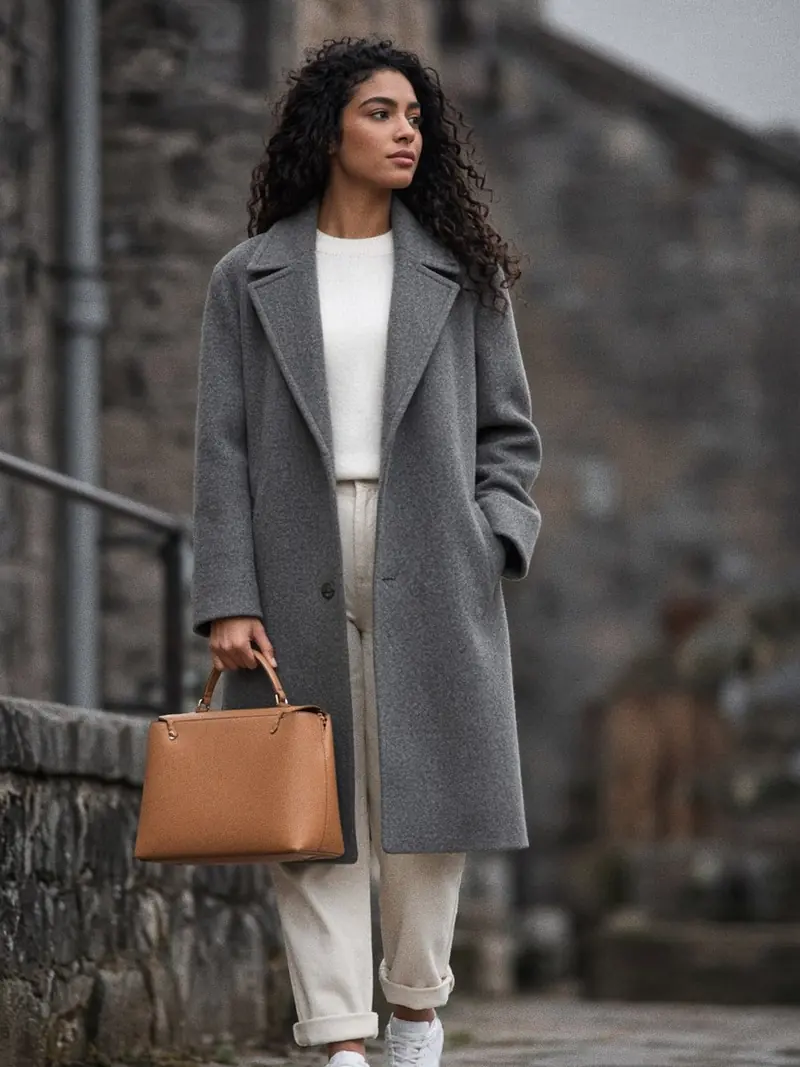 Illustration, mannequin fictif : Mannequin en manteau gris ajusté et baskets blanches basses, sac rectangulaire structuré en cuir camel tenu par la poignée courte.