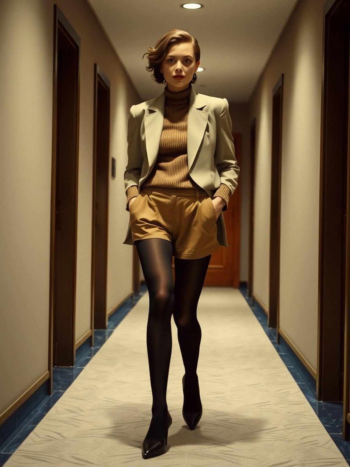 Mannequin en short volumineux avec collants opaques, bottes hautes et blazer superposé dans un couloir.