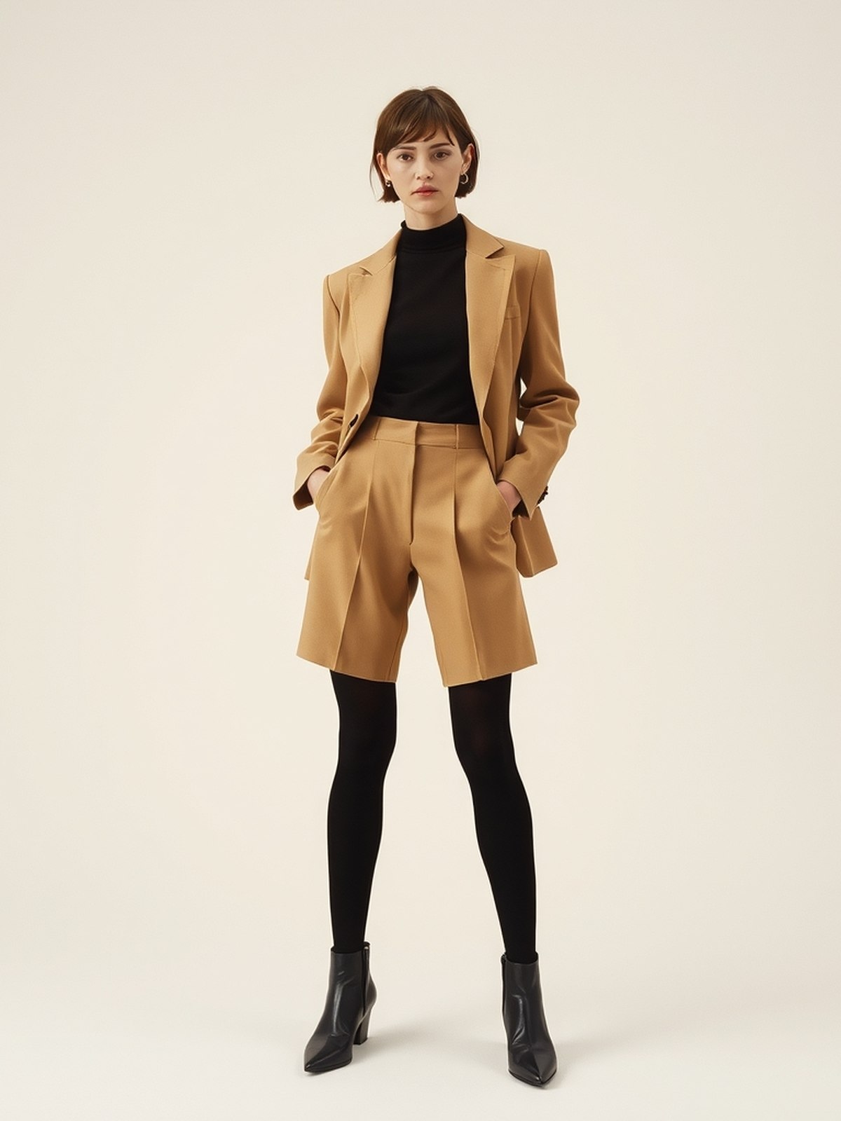 Mannequin en short volumineux porté avec collants opaques et bottines, silhouette simple sur fond studio.