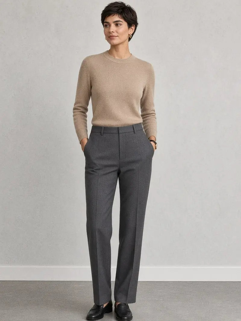 Illustration, mannequin fictif : Femme debout en pull fin beige ajusté rentré dans un pantalon gris anthracite, silhouette lisse au niveau du buste.