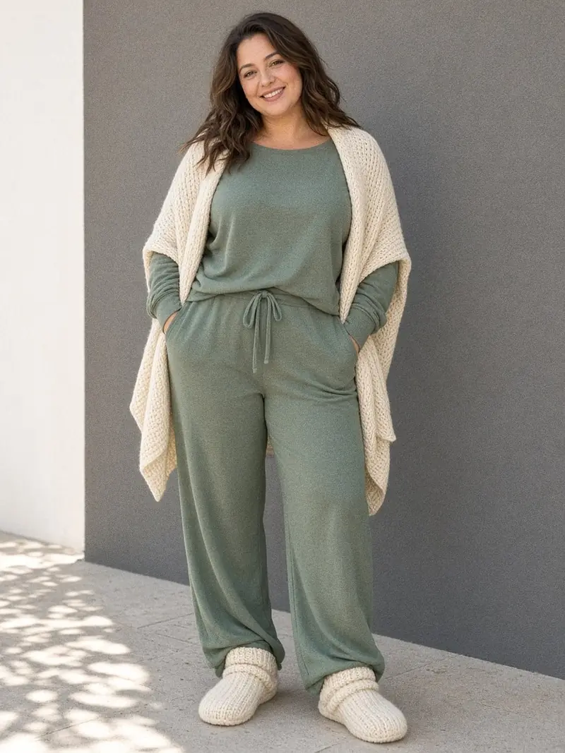 Illustration, mannequin fictif : Femme en ensemble d'intérieur en jersey vert sauge, haut à manches longues et pantalon large, châle crème sur les épaules.