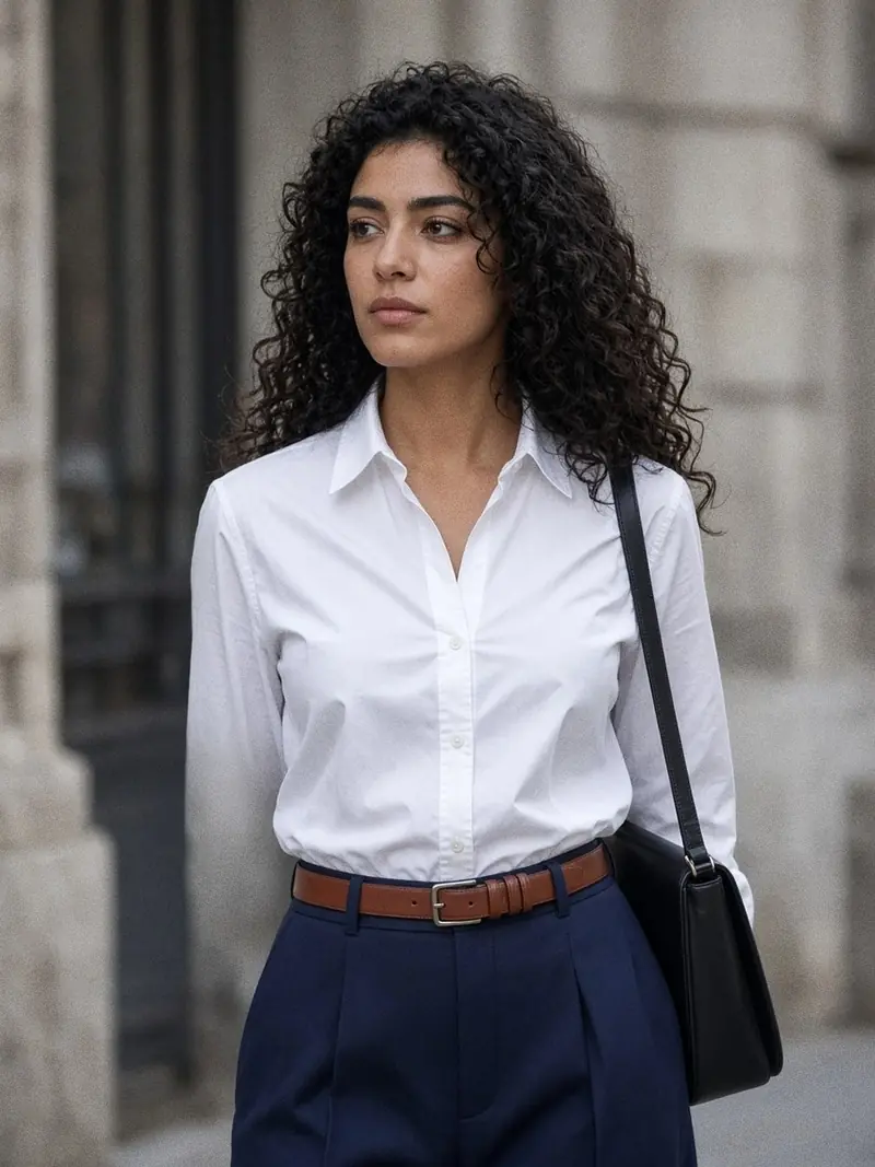 Illustration, mannequin fictif : Femme en chemise blanche en popeline boutonnée et pantalon large bleu marine, la patte de boutonnage parfaitement à plat.