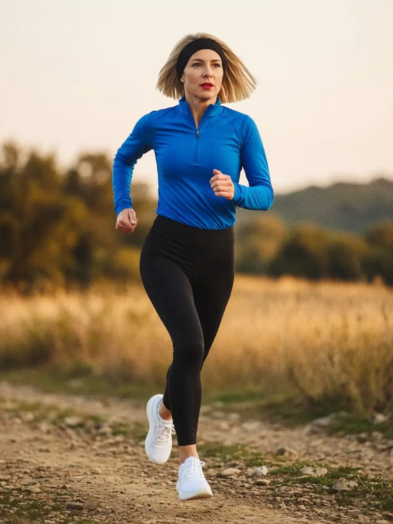Illustration, mannequin fictif : Femme en pleine course, haut de running bleu cobalt zippé à manches longues, legging noir et baskets blanches.