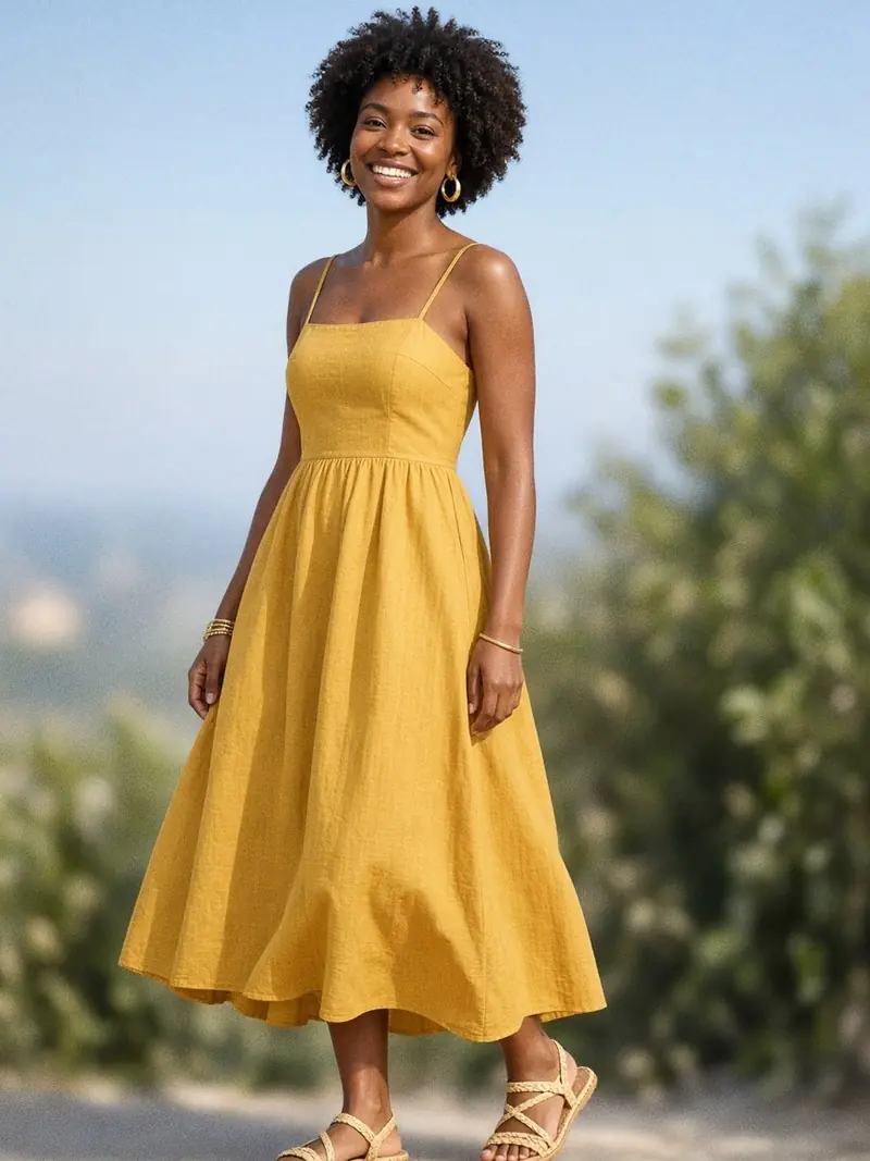 Illustration, mannequin fictif : Femme en robe midi jaune moutarde en popeline à fines bretelles, sandales en raphia et cabas en paille.