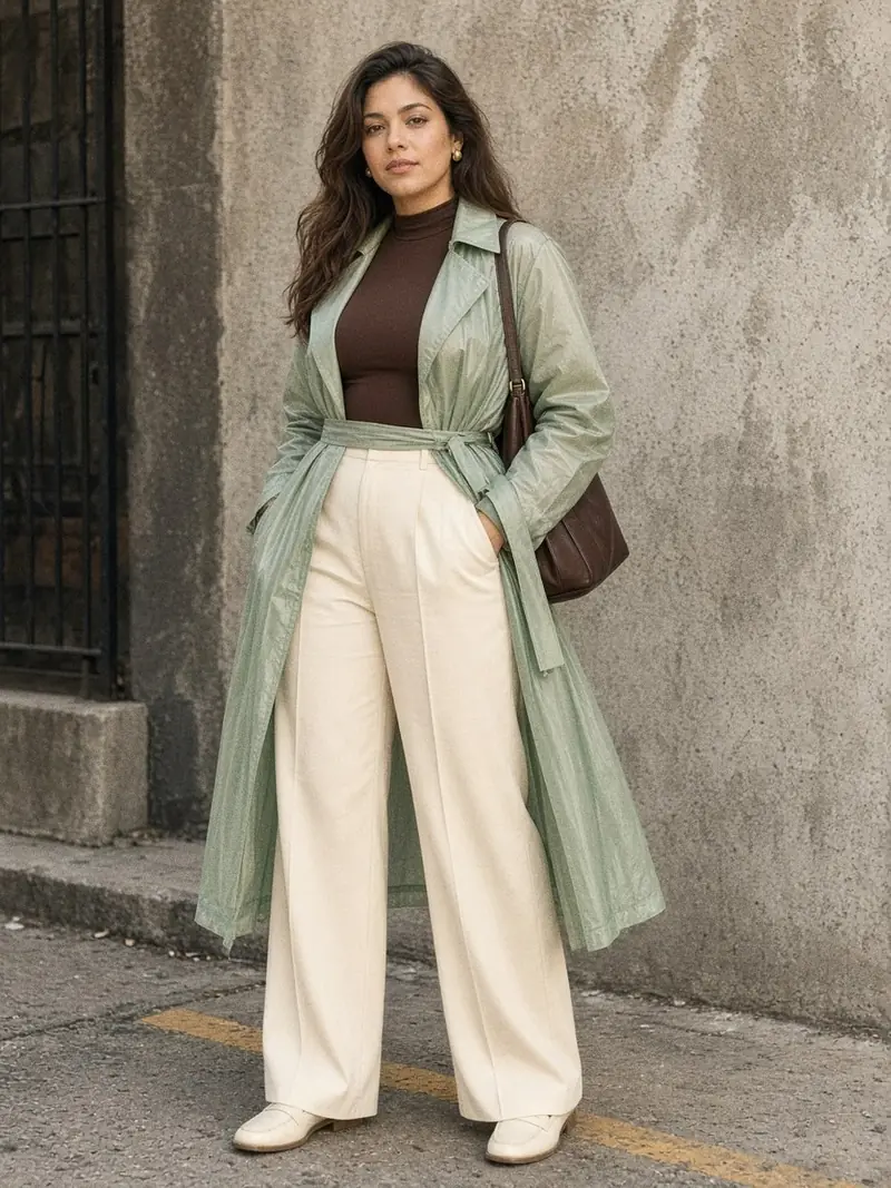 Illustration, mannequin fictif : Une femme dans la rue porte un long trench vert écume ouvert et ceinturé, en tissu léger et vaporeux, par-dessus un body marron chocolat à col montant et manches longues et un pantalon large crème, avec des mocassins crème et un sac marron à l'épaule.