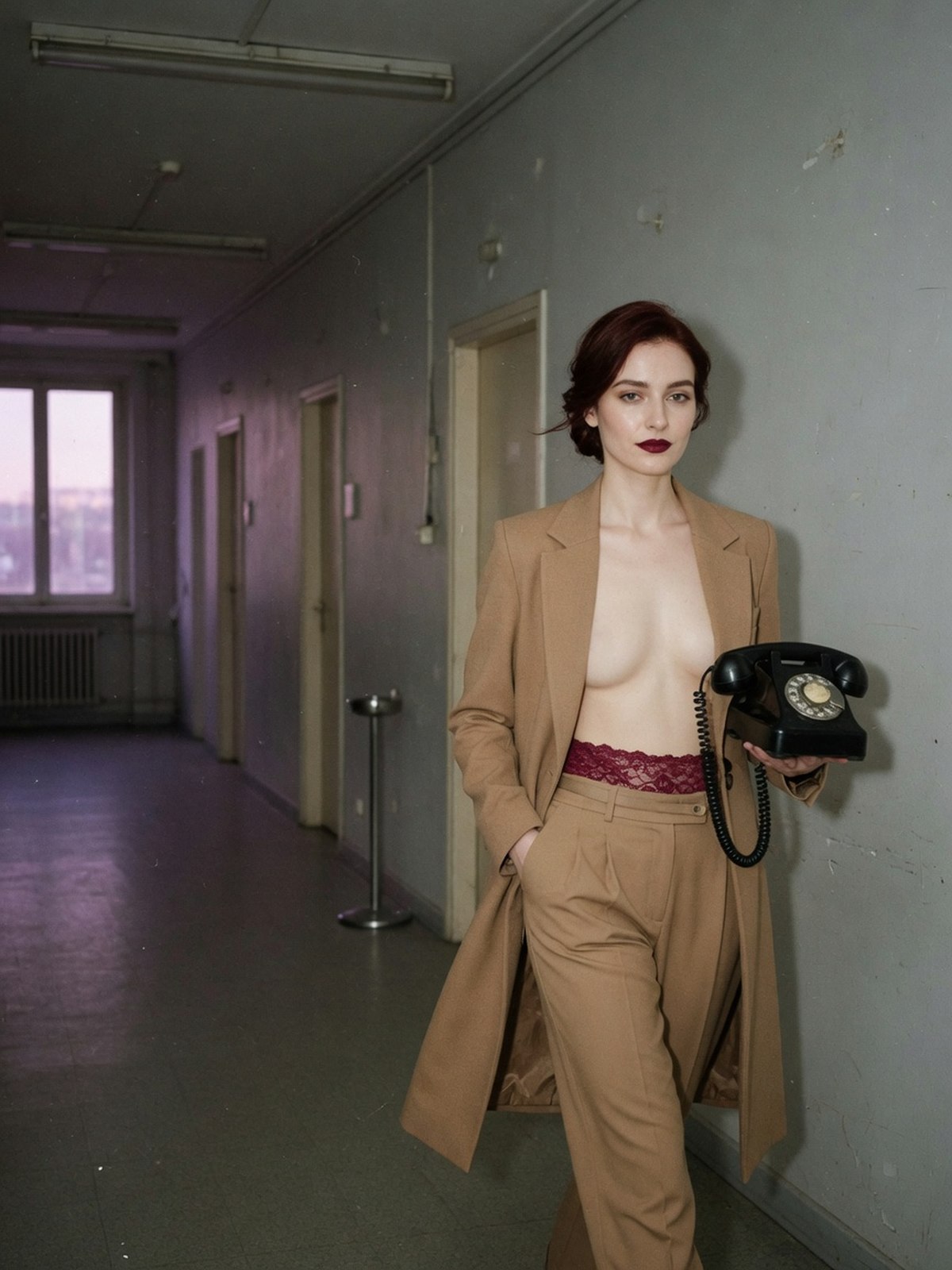 Mannequin en pantalon camel taille basse et blazer long, fine lisière de dentelle bordeaux discrètement visible à la ceinture, dans un couloir de bureau